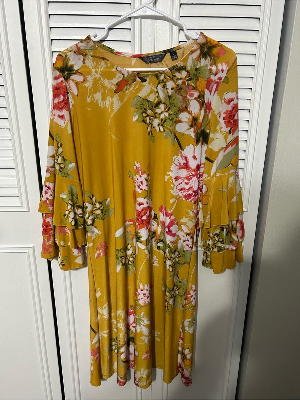 Floral Ruffle-Sleeve Dress in Mustard Yellow